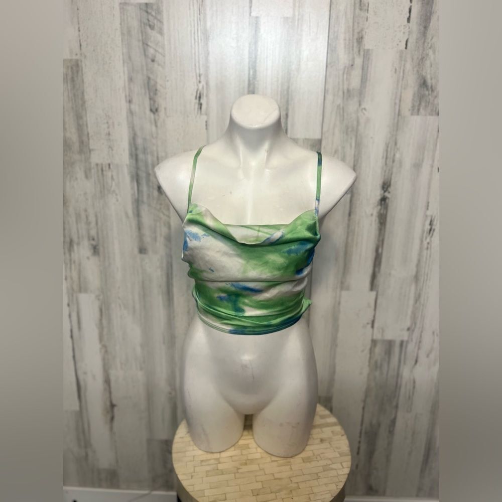 Green Blue Abstract Watercolor Cowl Neck Crop Top Womens Size Small S Tie Back R